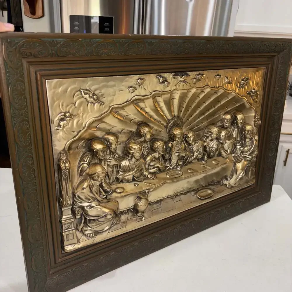 Vintage Continental Last Supper Priests Alter Chamber Copper Wall  Plaque Framed